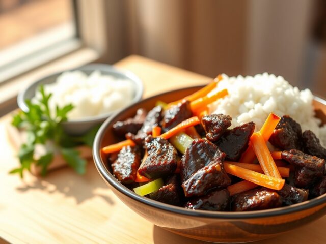 Teriyaki rundvleesreepjes met knapperige wortel en