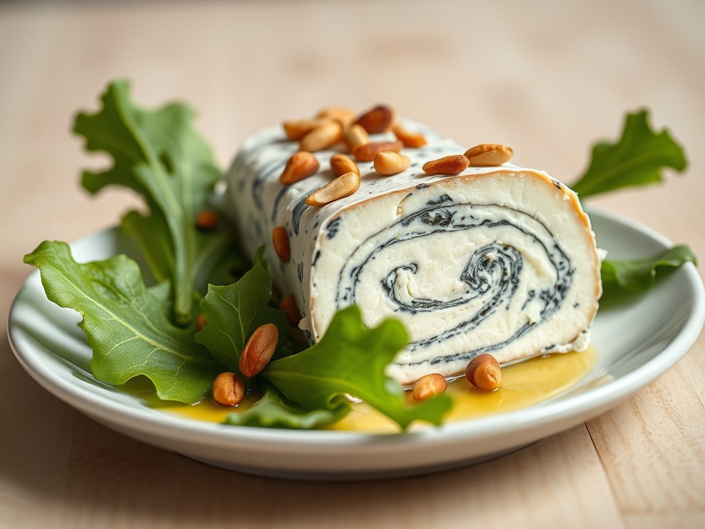 Terrine van brie en blauwkaas met pijnpitten, AI-gegenereerde illustratie