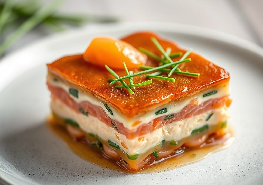 Terrine van fricandeau en zalm, AI-gegenereerde illustratie