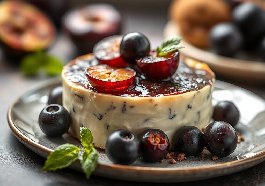 Terrine van Limburgse kaasjes met zwarte pruimen, AI-gegenereerde illustratie