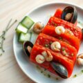 Terrine van tomaat met mosseltjes, grijze garnalen, komkommer en fijne kruidendressing