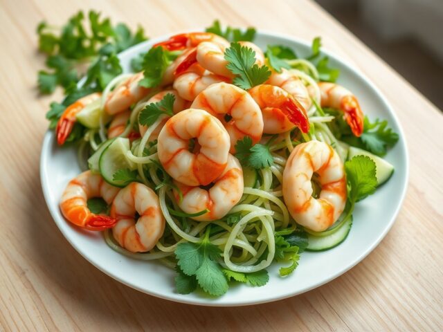 Thais slaatje met scampi’s en komkommer
