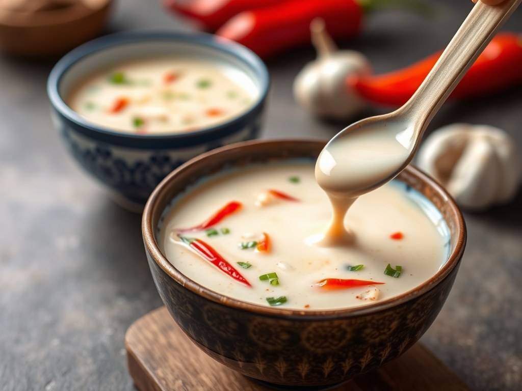 Thaise bouillonfondue met kokosmelk, AI-gegenereerde illustratie