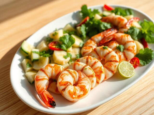 Thaise garnalen met bananen- en komkommersalsa