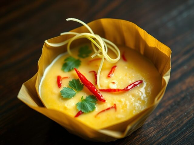 Thaise gele currry met vis gestoomd in bananenblad (Haw Mok Phuket)