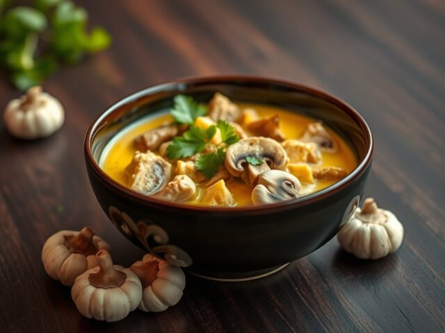 Thaise gele curry met varkensvlees met shii-take paddestoelen