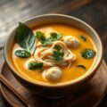 Thaise gele curry soep met rijstnoedels en wontons