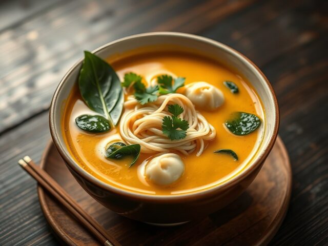Thaise gele curry soep met rijstnoedels en wontons