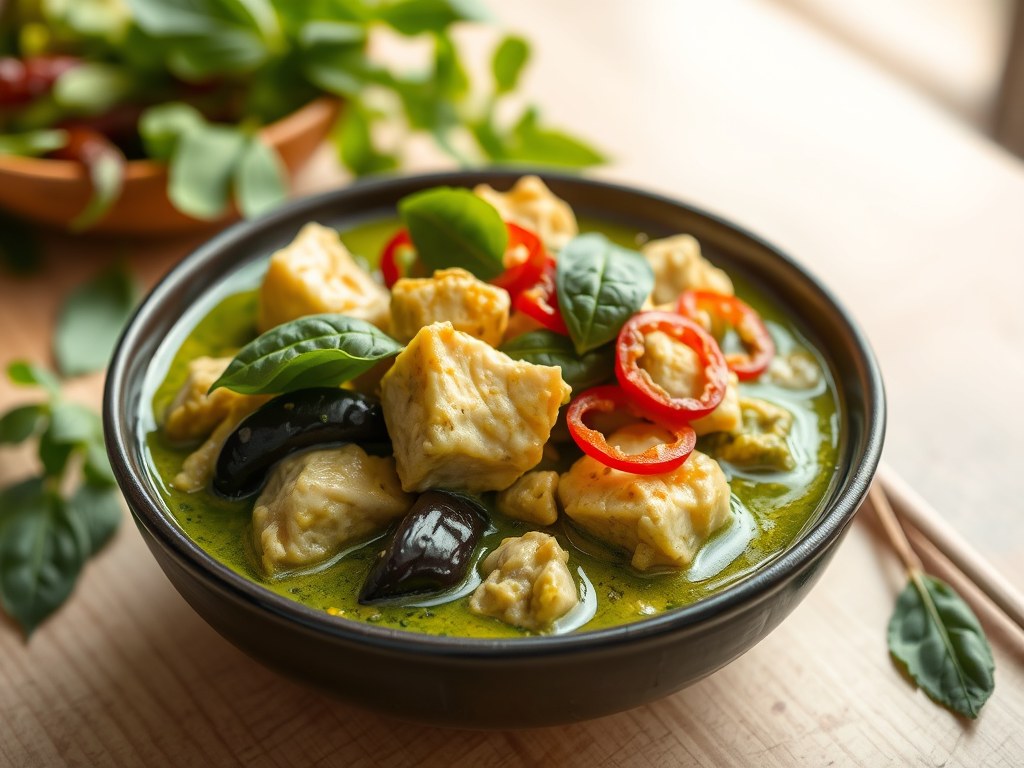 Thaise groene curry met vega kipstukjes, AI-gegenereerde illustratie