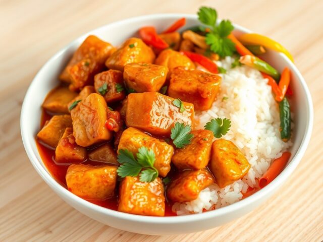Thaise hete kip met rijst en groente