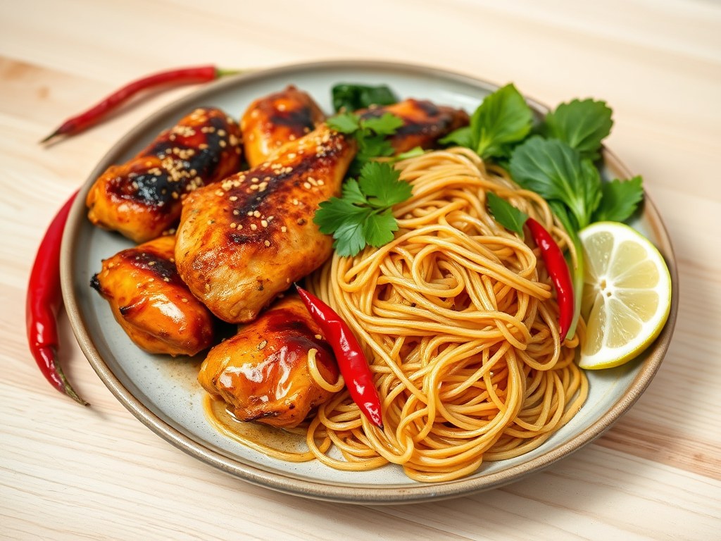 Thaise kip met sesam pasta en paksoi, AI-gegenereerde illustratie