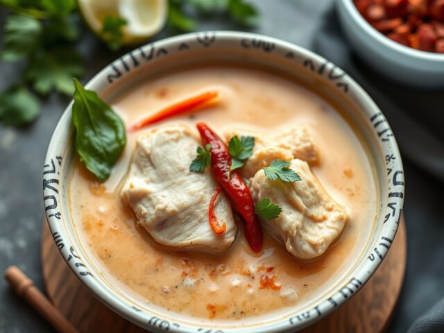 Thaise kippensoep met kokosmelk — AI-gegenereerde illustratie
