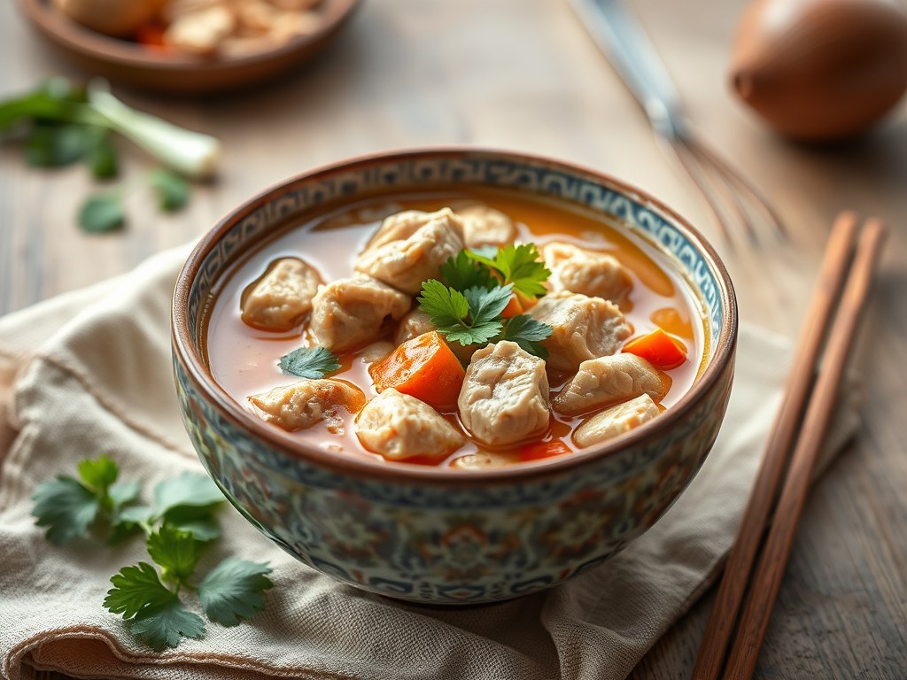 Thaise kippensoep (Tom Ka Kai), AI-gegenereerde illustratie