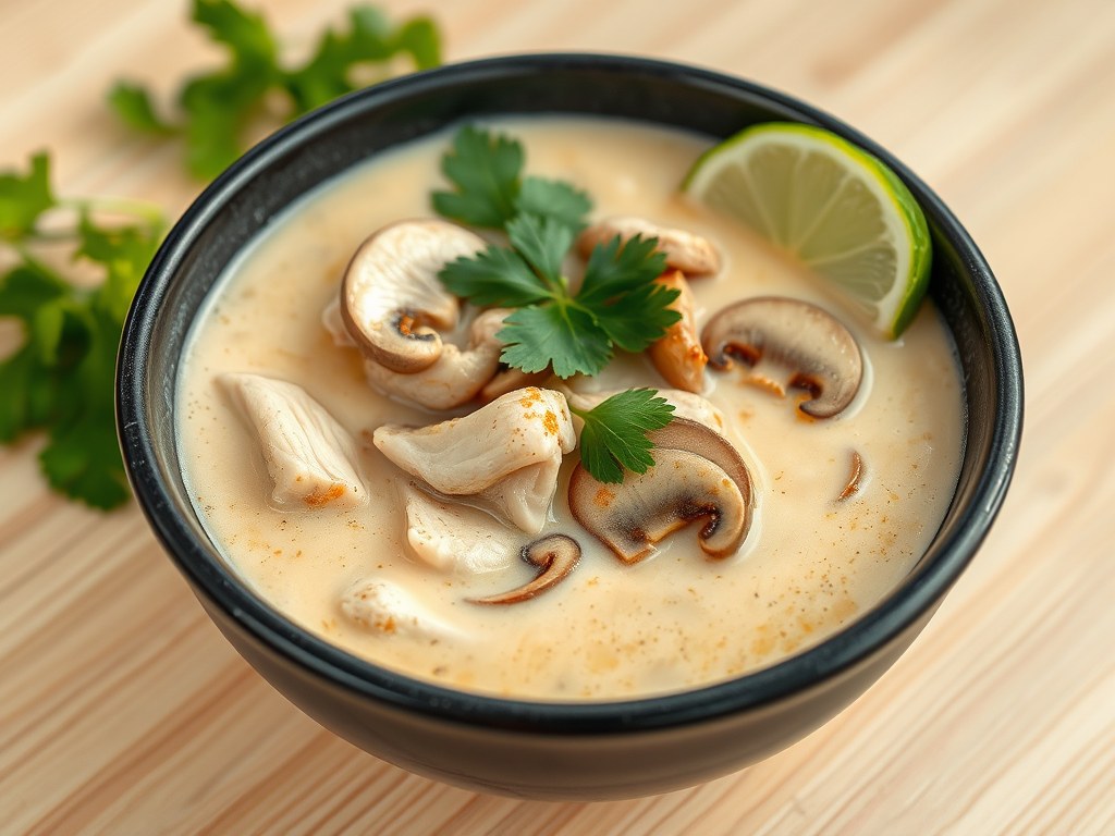Thaise kokos kip soep (Tom Kha Gai), AI-gegenereerde illustratie
