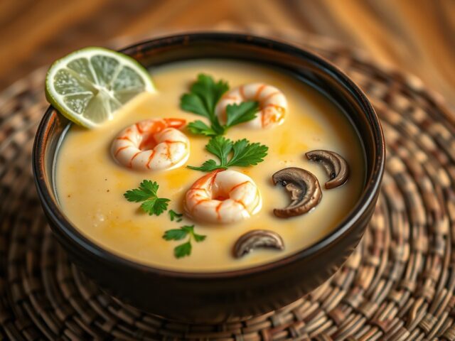 Thaise kokos soep met grote garnalen (Tom Kha Kung)