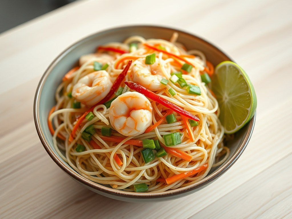 Thaise noedelsalade met garnalen, AI-gegenereerde illustratie