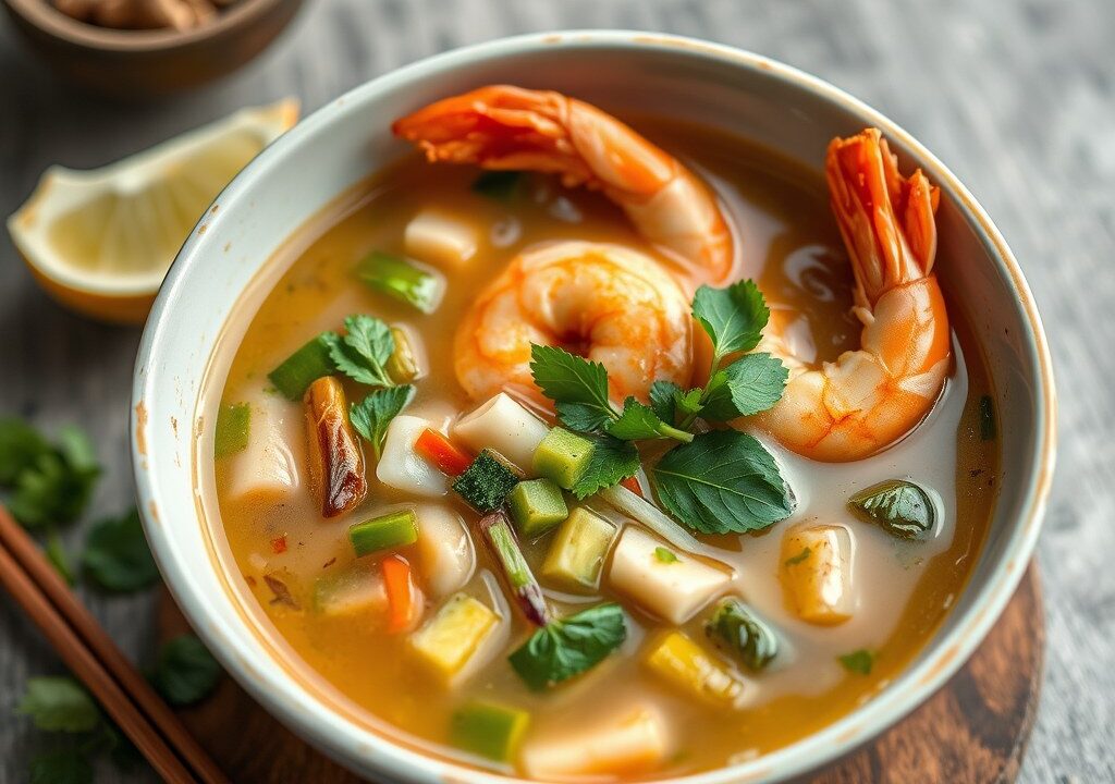 Thaise noedelsoep met groenten en garnalen, AI-gegenereerde illustratie