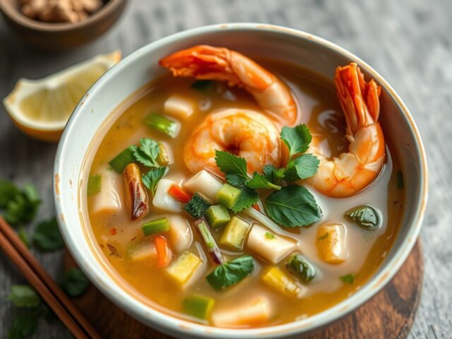 Thaise noedelsoep met groenten en garnalen — AI-gegenereerde illustratie