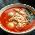 Thaise pikante soep met rijstnoedels en visballetjes
