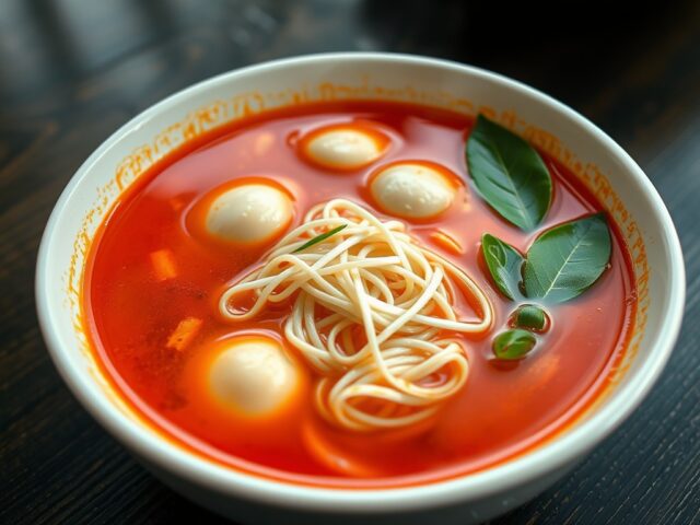 Thaise pikante soep met rijstnoedels en visballetjes