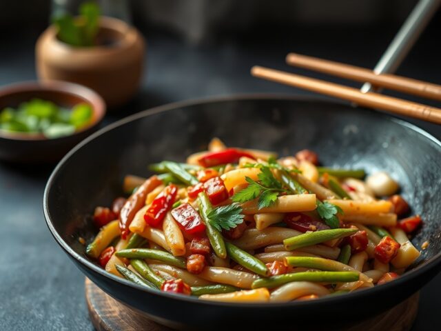 Thaise pikante varkenshaas met boontjes en prei
