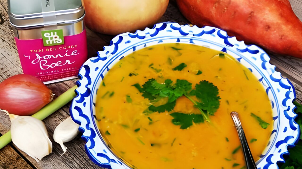 Thaise pompoensoep met zoete aardappel
