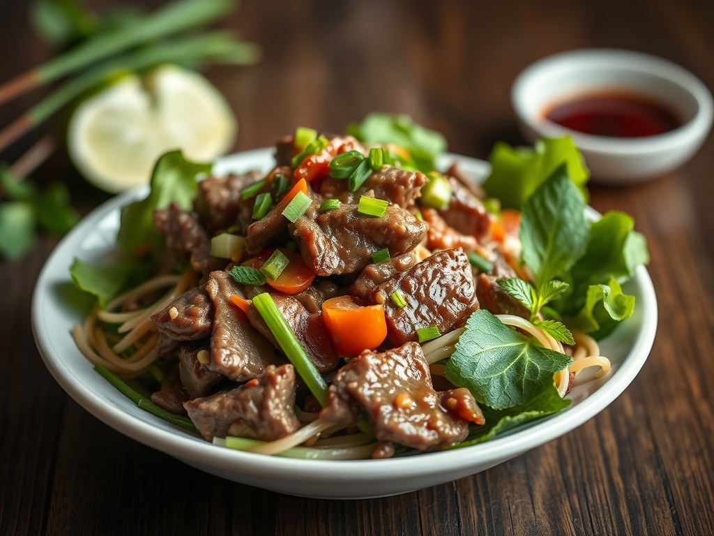 Thaise rundvleessalade met een Chinese draai, AI-gegenereerde illustratie