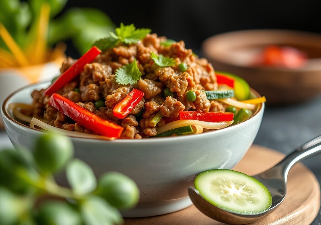 Thaise salade met gehakt uit de wok, AI-gegenereerde illustratie