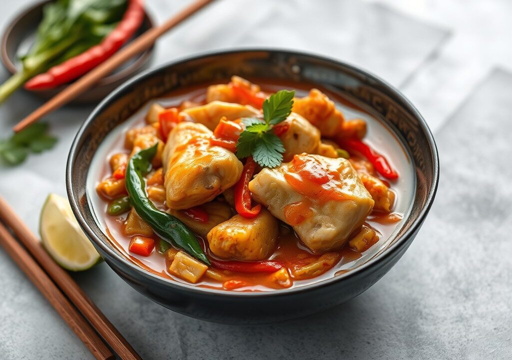 Thaise Sweet Chili noedelsoep met kip en paksoi, AI-gegenereerde illustratie