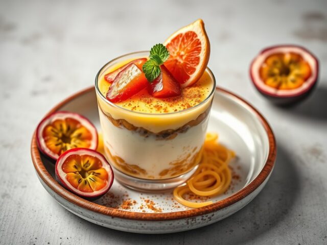 Ti amorisu met peperkoek en passievrucht — AI-gegenereerde illustratie