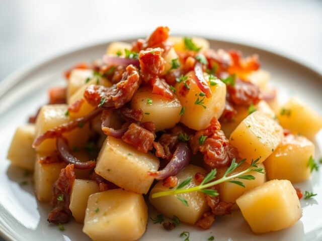 Tian van aardappel, ui en pancetta — AI-gegenereerde illustratie