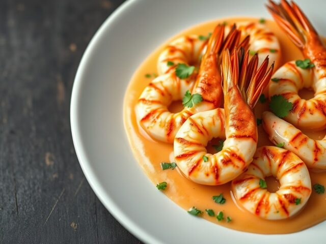 Tijgergarnalen met tomatencreme en zeekraal
