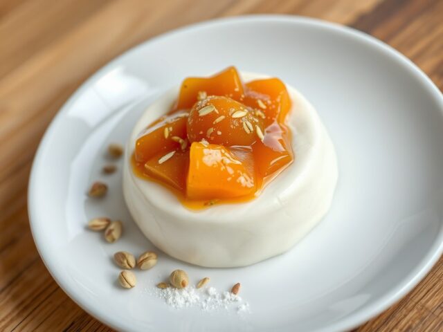 Timbaal van kwark, abrikozencompote met vanille en kardemom