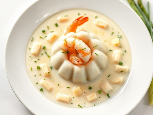 Timbaaltje van garnalen met gevulde aspergesoep
