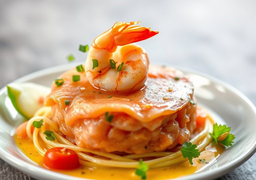 Timbaaltje van gerookte zalm, gevuld met garnalen, — AI-gegenereerde illustratie