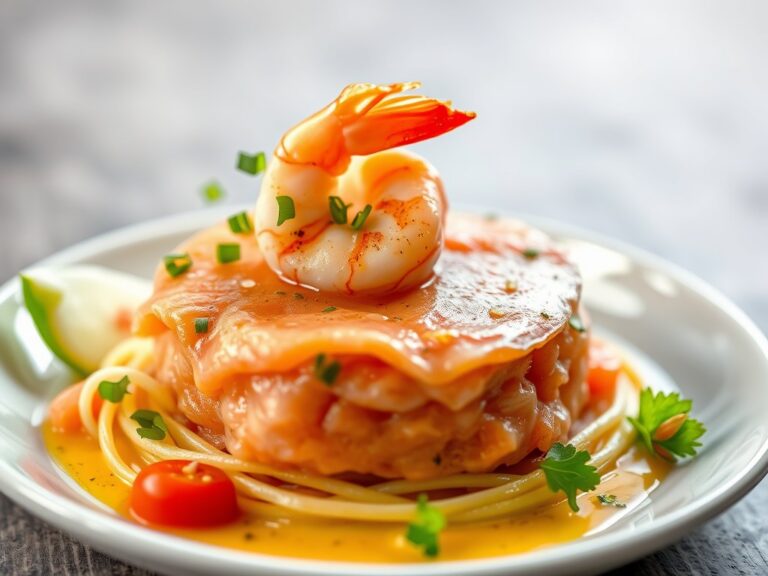 Timbaaltje van gerookte zalm, gevuld met garnalen,