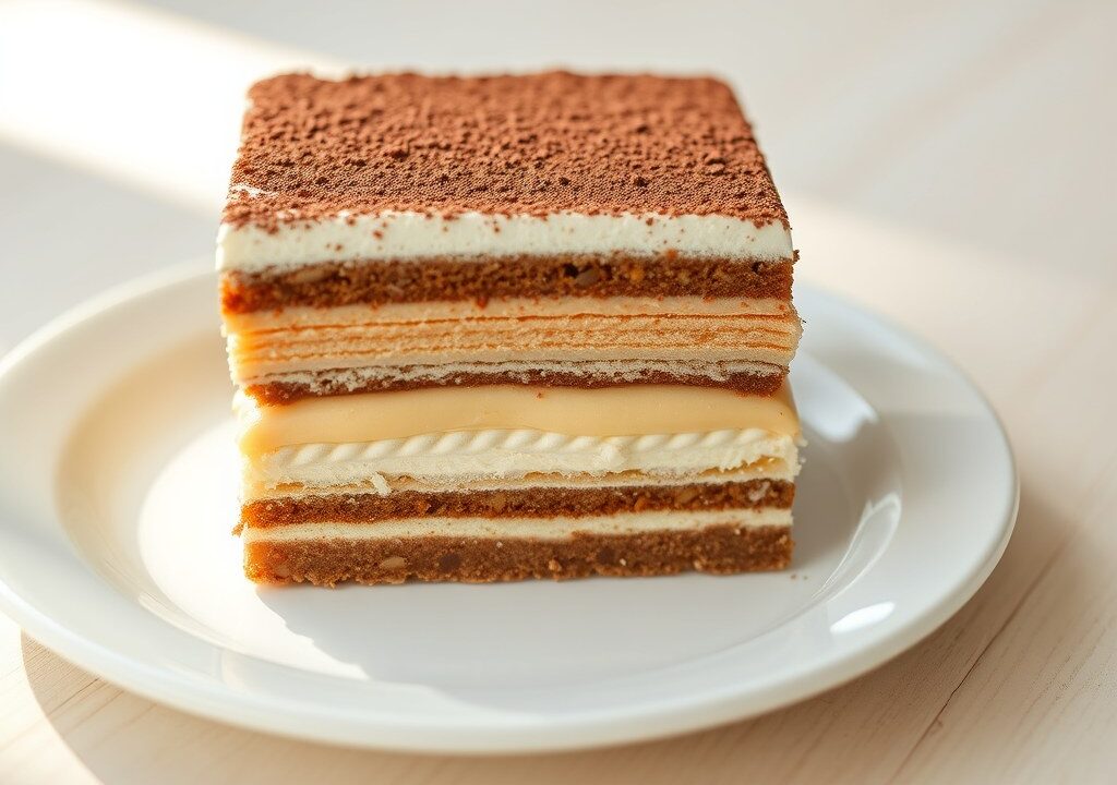 Tiramisu met abrikozenmousse, AI-gegenereerde illustratie
