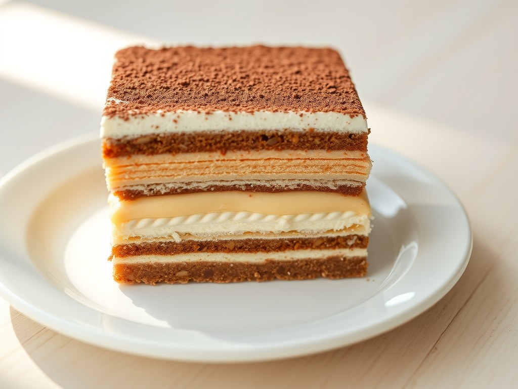 Tiramisu met abrikozenmousse, AI-gegenereerde illustratie