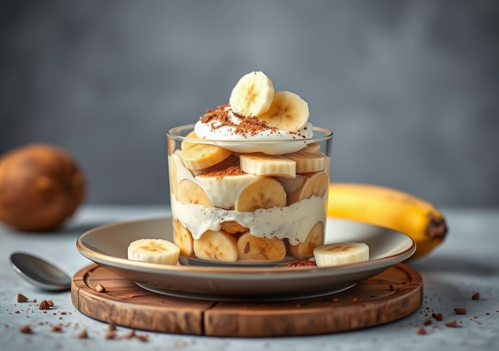 Tiramisu met banaan en kokos — AI-gegenereerde illustratie