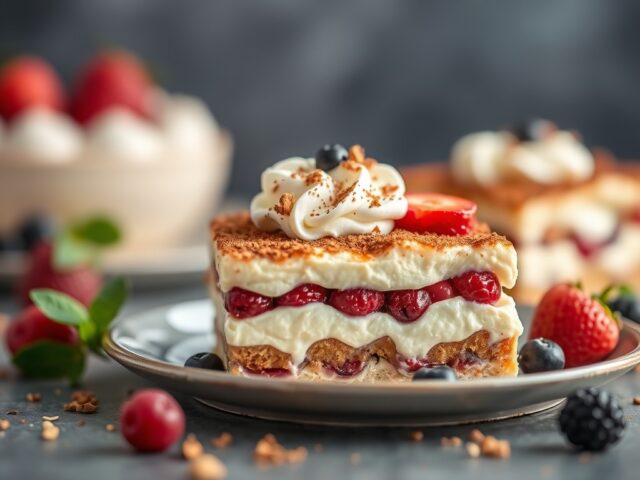 Tiramisu met fruit — AI-gegenereerde illustratie