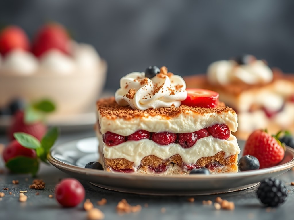 Tiramisu met fruit, AI-gegenereerde illustratie