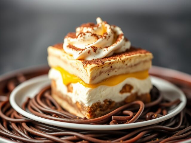 Tiramisu op een bedje van chocolade linguini