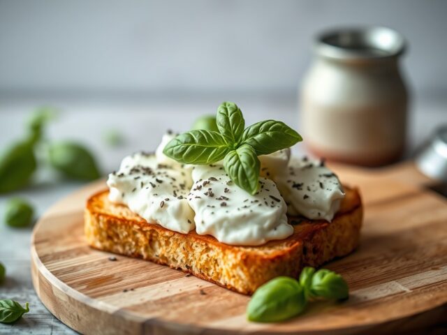 Toast met geitenkaas, basilicum en ontbijtspek — AI-gegenereerde illustratie