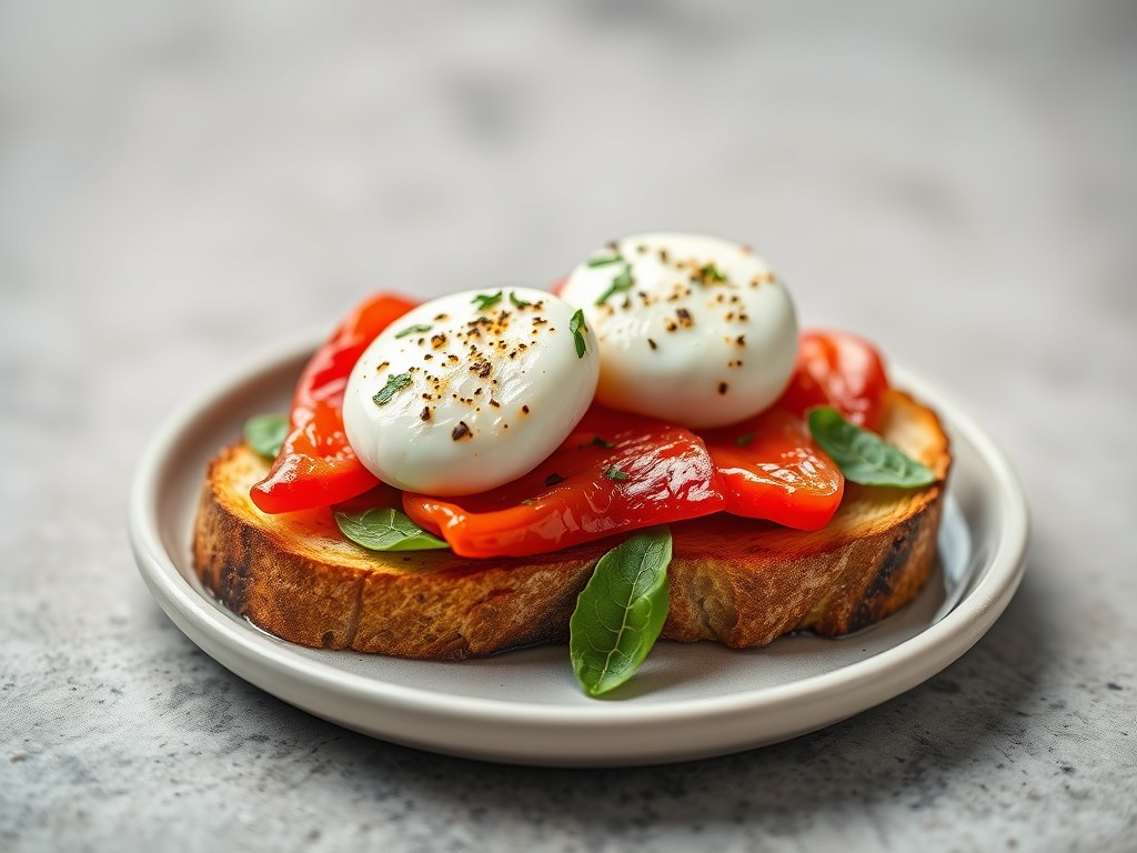 Toast met geroosterde paprika en buffelmozzarella, AI-gegenereerde illustratie