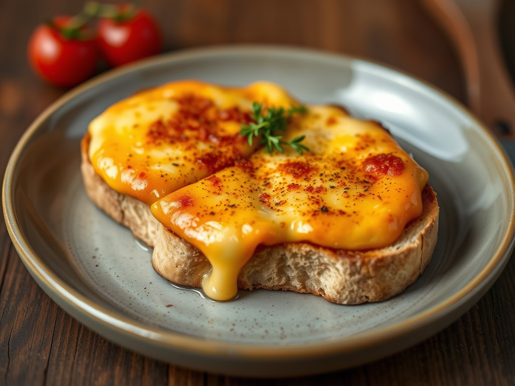 Toast met Gesmolten Kaas (Welsh Rarebit), AI-gegenereerde illustratie
