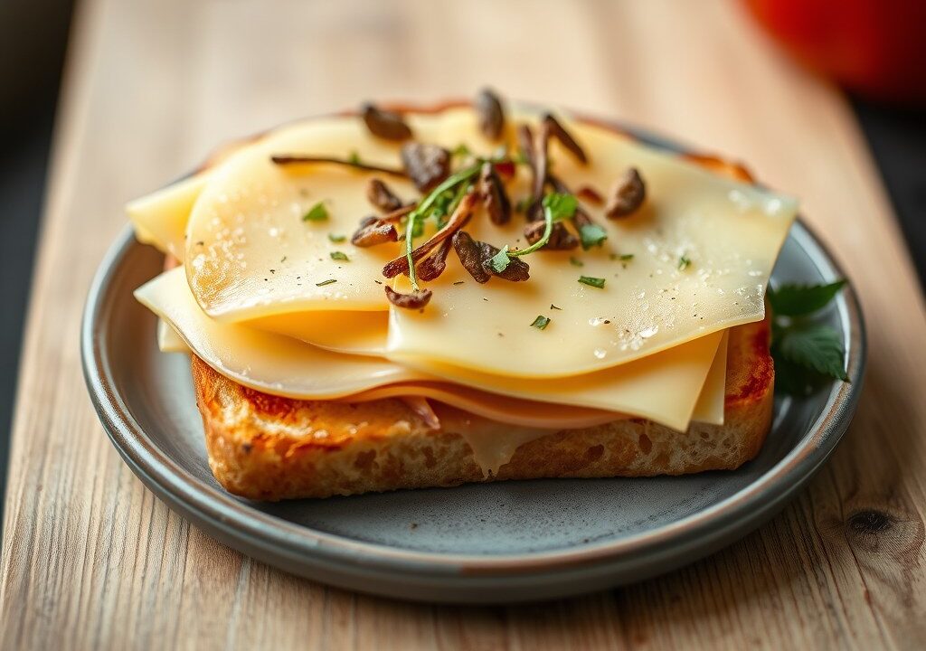 Toast met peer, ham en kaas, AI-gegenereerde illustratie