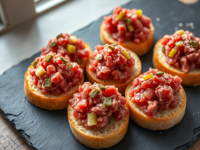 Toast met rundertartaar, augurk, uitjes en kappertje