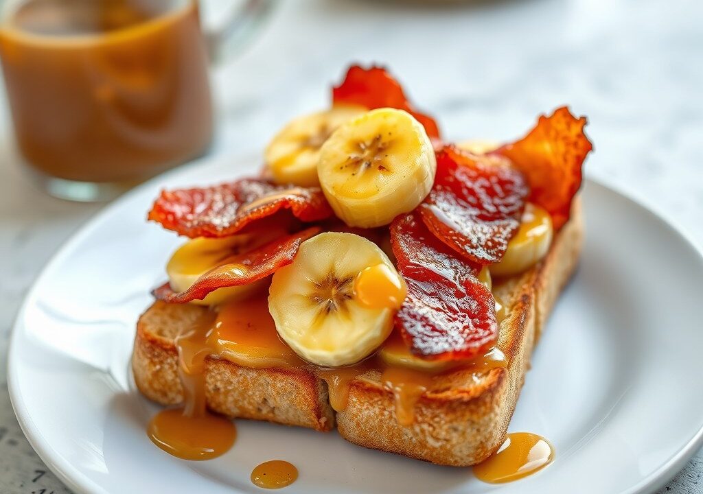 Toast met spek gebakken banaan en pindakaas, AI-gegenereerde illustratie