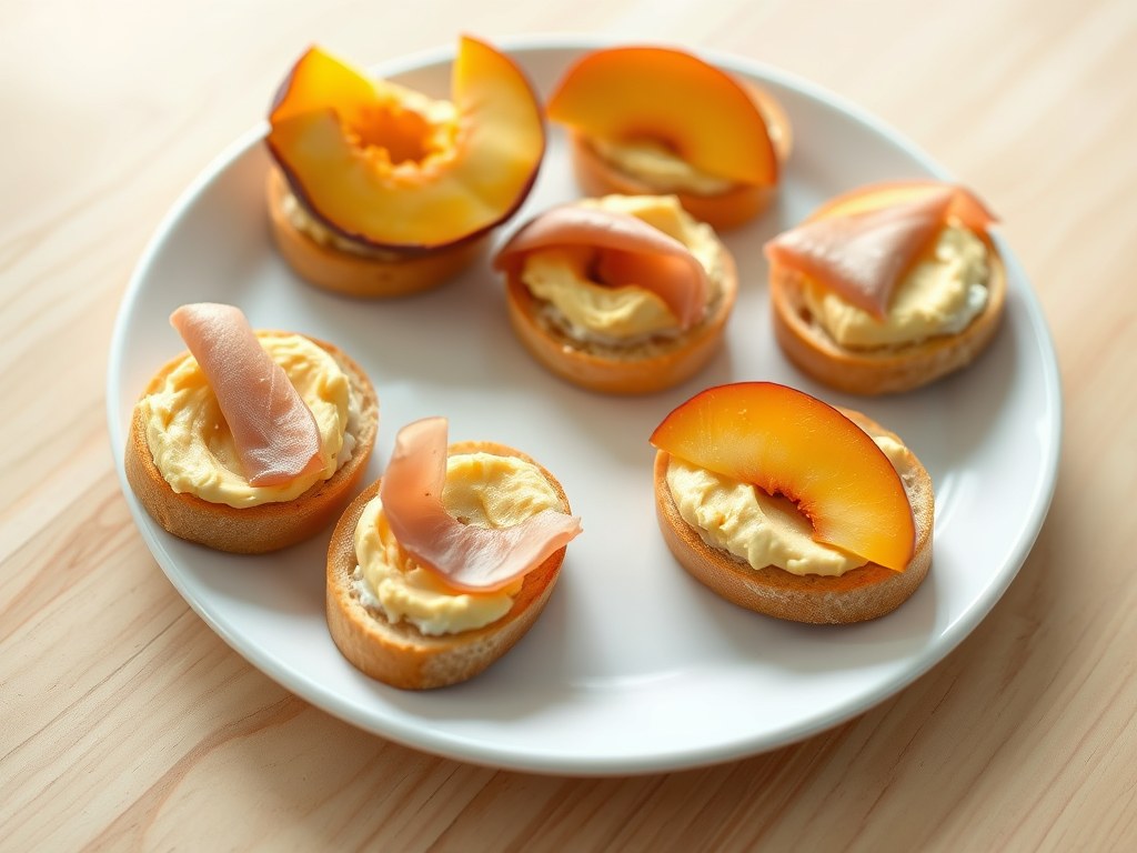 Toastjes met currykaas, ham en perzik, AI-gegenereerde illustratie