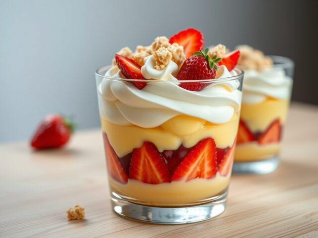 Toetje met advocaat aardbeien en bitterkoekjes